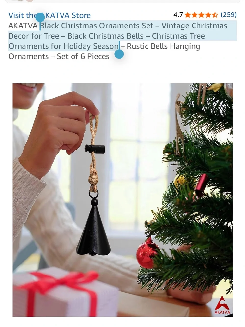 Black Hanging Christmas Bells - Set of 6